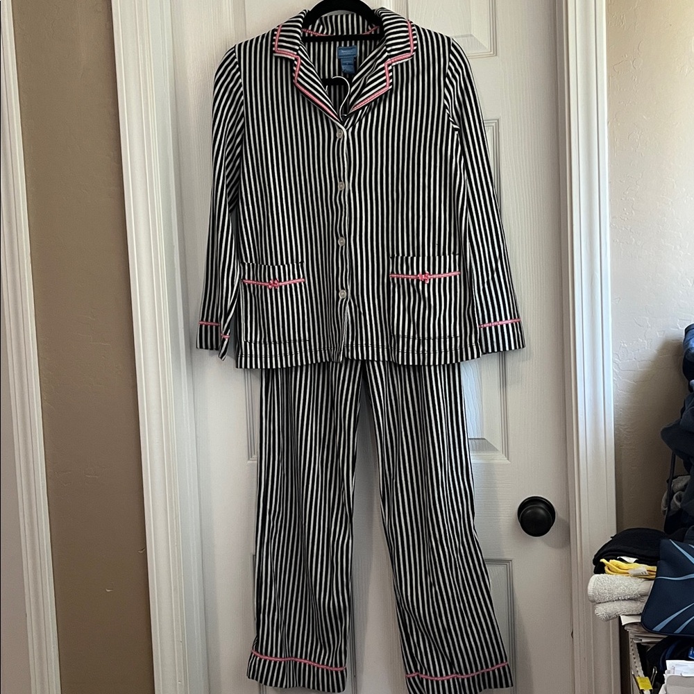 Striped Black and White Flannel Pajama Set with Pink Accents